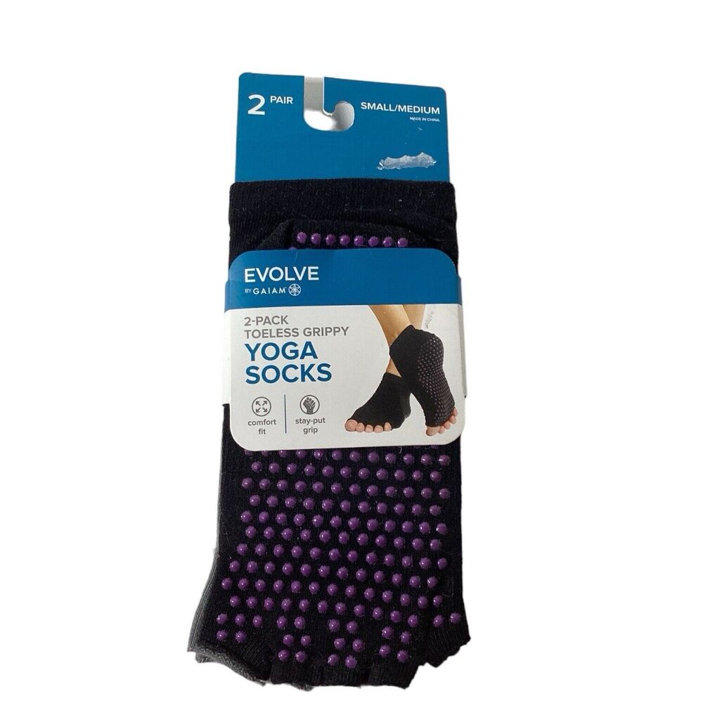 Gaiam Evolve 2 Pk Toeless Grippy Yoga Socks Women’s Shoe Sz 5-10 S/M Black